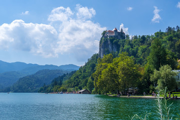 Fototapeta na wymiar Medieval castle on the rock above the Lake Bled, Slovenia
