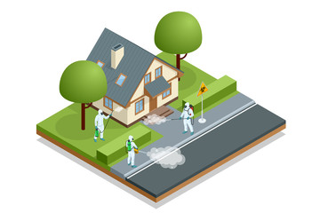 Isometric man in a white suit disinfects the street with a spray gun. Virus pandemic COVID-19. Prevention against Coronavirus disease COVID-19.