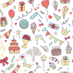 seamless pattern of hand drawn doodle cartoon objects and symbols on the birthday party. design holiday greeting card and invitation of wedding, Happy mother day, birthday, Valentine day and holidays