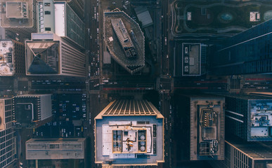 Aerial view of high towers and buildings in downtown with offices and apartments for rent, bird's eye view of modern architecture of skyscrapers and towers with flats in commercial midtown