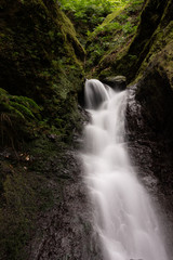 Obraz premium Waterfall on levada Faja do Rodrigues hiking trail. North of Madeira island. Long exposure. 
