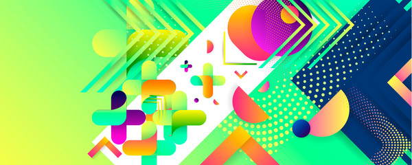 Bright juicy colors background with geometric elements, lines and dots