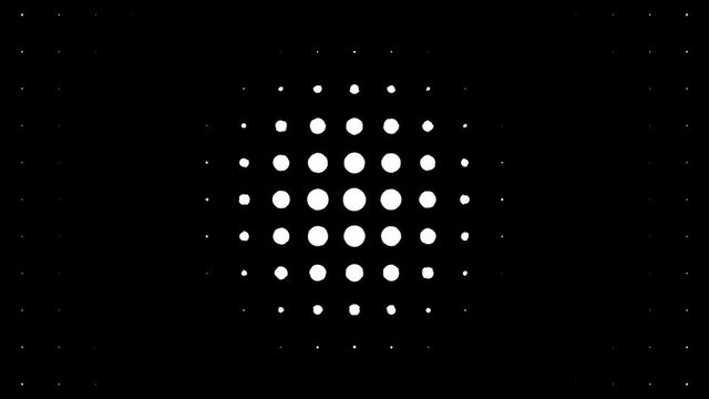 White polka dots against black background. Concentric growing circles seamless loop transition