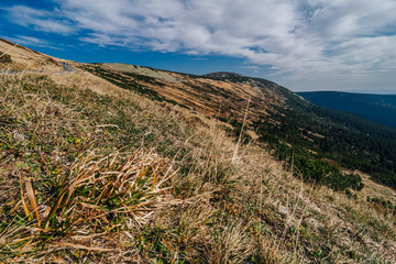 Beautiful autumn landscape of Krkonose (Giant Mountains). Peaks and summits of Krkonose National...