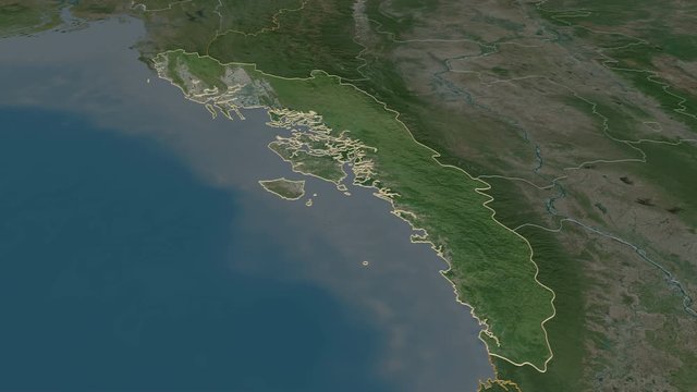 Rakhine, state with its capital, zoomed and extruded on the satellite map of Myanmar in the conformal Stereographic projection. Animation 3D