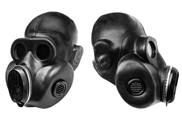 black rubber gas mask with integrated filters in two angles on a white background