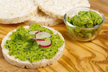 healthy food rice cake salted sandwich on wood table. Rice cakes as light breakfast concept.
