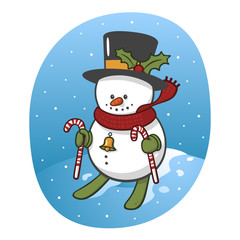 Cute vector drawing of a snowman with a top hat, a red scarf, green mittens, green skis and candy cane sticks skiing on a hill with snow gently falling in the blue sky.