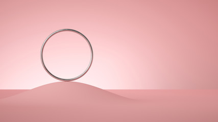 3d render, abstract pink background, futuristic minimal design, clean style. Round frame, silver ring. Empty template, blank place, copy space. Modern mockup. Balance concept.