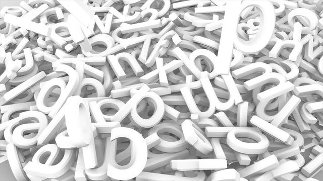 Many white letters falling on mirrow background. Letters of English alphabet flying.