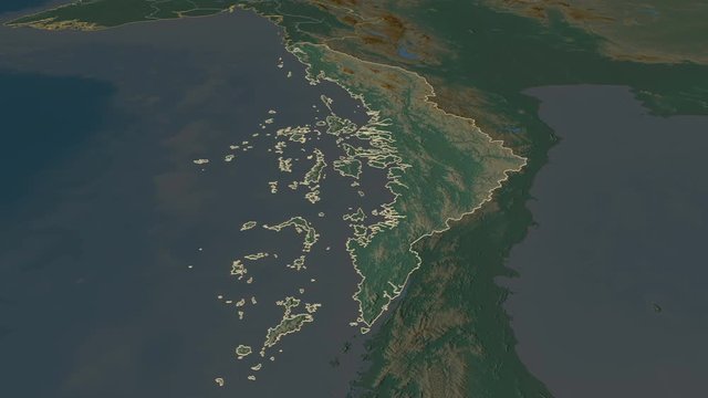 Tanintharyi, division with its capital, zoomed and extruded on the relief map of Myanmar in the conformal Stereographic projection. Animation 3D