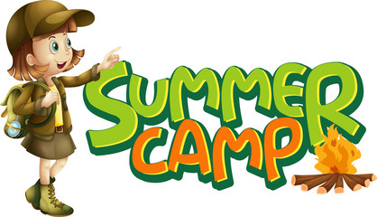 Font design for word summer camp with girl and campfire