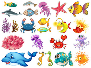 Naklejka premium Large set of sea creatures on white background
