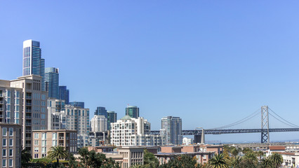 Fototapeta na wymiar View of San Francisco skyline and Bay Bridge. Palm trees with bright, sunny, clear blue sky.