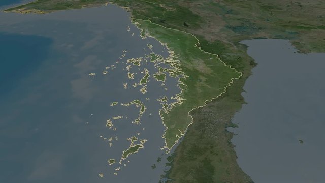 Tanintharyi, division with its capital, zoomed and extruded on the satellite map of Myanmar in the conformal Stereographic projection. Animation 3D