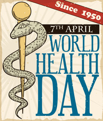 Vintage Design with Asclepius Rod Promoting World Health Day Celebration, Vector Illustration