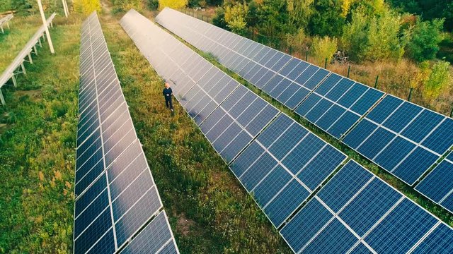 Aerial view of man near solar panels in field near forest