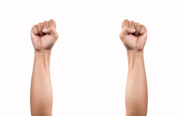 Clinched fist raised up on white background. two arm on white