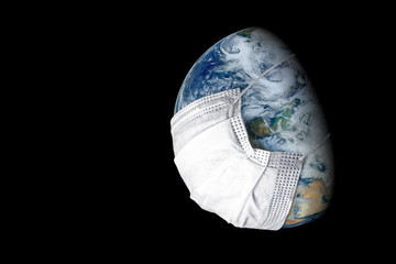 Earth in mask in outer space, coronavirus and COVID-19 pandemic concept. Globe with protect from...