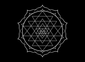 mystical mandala of Sri Yantra for your design. White sacred geometry and alchemy symbol blooming in a lotus flower, vector isolated on black background 