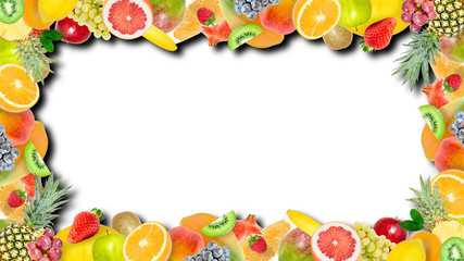 Creative photo of many different exotic tropical bright fruits frame with shadows isolated on a white background. View from above. Bright summer fruit pattern with copy space.