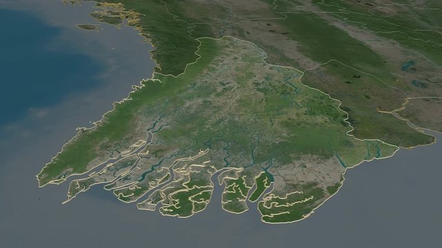Ayeyarwady, division with its capital, zoomed and extruded on the satellite map of Myanmar in the conformal Stereographic projection. Animation 3D