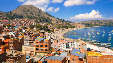 Bolivia Copabana town with sun panoramic view