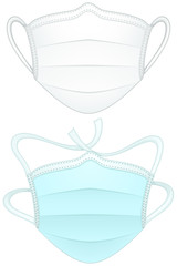 Vector illustration of two medical/surgical masks: one white with loops for ears, one blue with ties.
