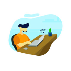 modern illustration of man, work from home with laptop and office home background. use for creative bussines landing page, free lancer and other.