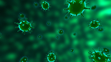 Viruses, Virus Cells under microscope, floating in fluid with green background. Pathogens outbreak of bacterium and virus, disease causing microorganisms. COVID-19 Coronavirus.