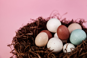 Pastel Easter eggs in the nest on pink background as home decoration, season holiday concept