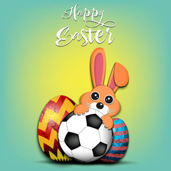 Happy Easter. Easter eggs, rabbit and soccer ball