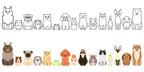 cute cartoon pet animals border set, full body, large group