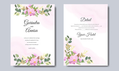 Elegant  wedding invitation with flower and leaves card template design Premium Vector