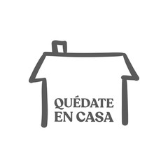 Stay at home message in spanish language, House doodle icon with text