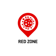 Map pin with virus icon. Red zone sign. Location pointer with confirmed COVID-19 cases concept. Vector illustration