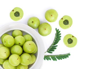 gooseberry fruil with green leaf isolated on white background. Top view.