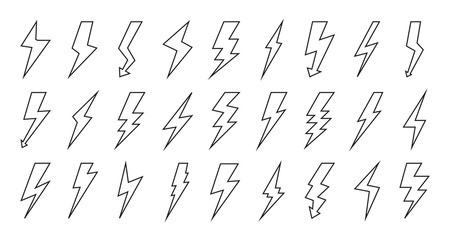 Set of black line lightning bolt icon. Blank contour, emblem template voltage. Flash electricity simple sign energy for web site and app. Symbol power fast speed. Isolated on white vector illustration - obrazy, fototapety, plakaty