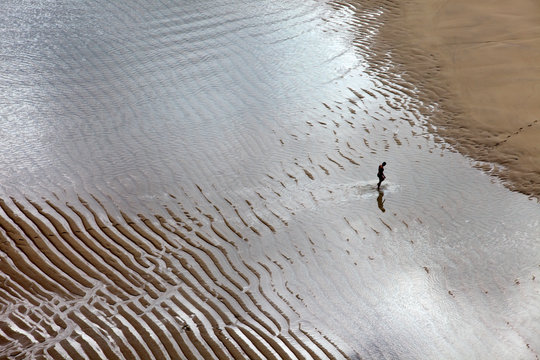 Porthcurno (England), UK - August 16, 2015: Porth Chapel beach, Porthcurno, Cornwall, England, United Kingdom.