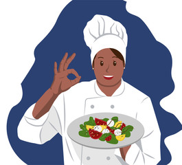 Smiling Dark-Skinned Woman Chef holds salad