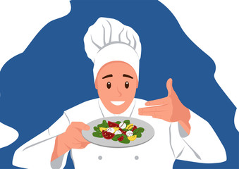 Smiling Chef is holding a Salad and sniffing him