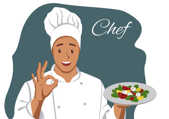 Smiling Chef holds salad and showing OK sign
