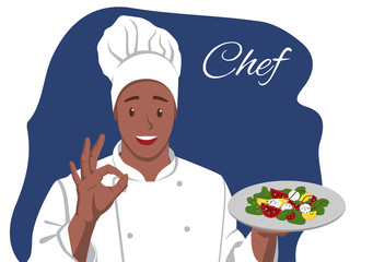 Smiling Dark-Skinned Chef holds salad OK