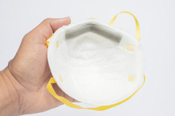 Hand holding N95 mask for dust protection and very efficient filtration of airborne particles, pm2.5, covid-19, corona