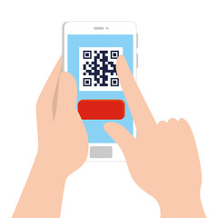 hands and qr code inside smartphone design of technology scan information business price communication barcode digital and data theme Vector illustration