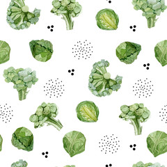 Watercolor сute seamless pattern vegeterian healthy food. Hand painted vegetable Brussels sprouts, Broccoli for kids. Eco food for the textile fabric and wrapping paper, the web page design cookboook