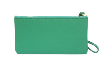 Closeup modern green color woman wallet on white background