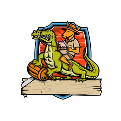 Mascot icon illustration of a Australian outback kangaroo with pig in pouch riding a crocodile or croc holding a beer barrel set inside shield or crest isolated background in retro style.