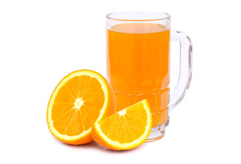 Closeup glass of fresh orange juice with slice of tangerine or mandarin orange fruit isolated on white background. 