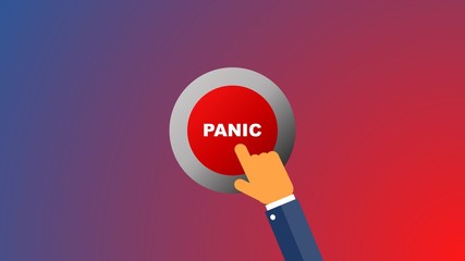 Male hand push red panic button, danger and hysteria reaction concept